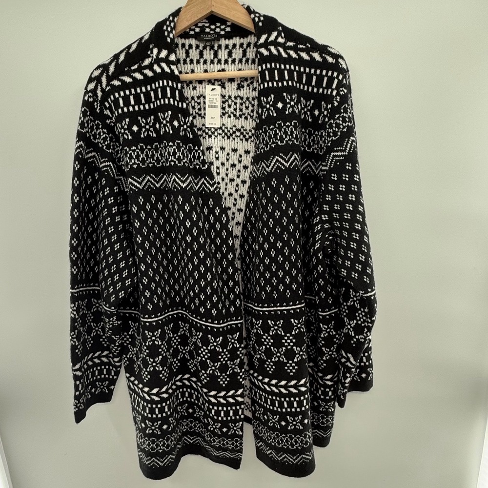 Talbots Fair Isle Cardigan Sweater 3XP‎ Black White Open Front Nordic Knit